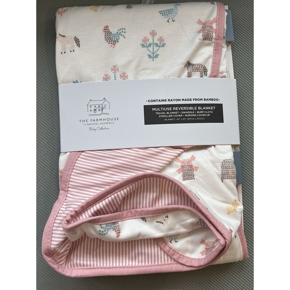 THE FARMHOUSE RACHEL ASHWELL BARNYARD ANIMALS BABY BLANKET Reversible Stripes